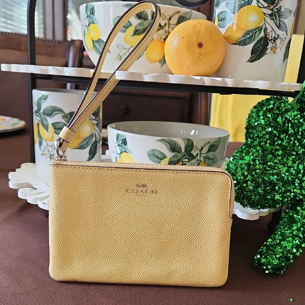 Coach Yellow Leather Wristlet Clutch with Detachable Strap